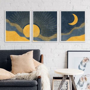 Sun and Moon Wall Art Set of 3 Prints, Modern Boho Wall Art, Navy Blue ...