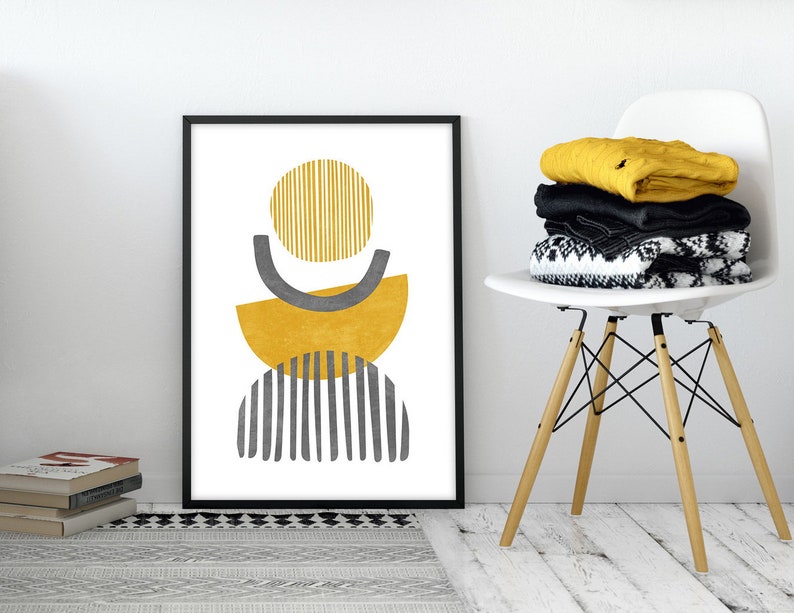 Mid century modern wall art set of 3 prints, Mustard yellow wall art, Boho wall decor, Abstract rainbow and leaves printable wall art image 6