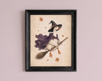 Halloween Goose Witch Poster, Whimsical Animal Wall Art, Vintage Cottagecore Printable Decor
