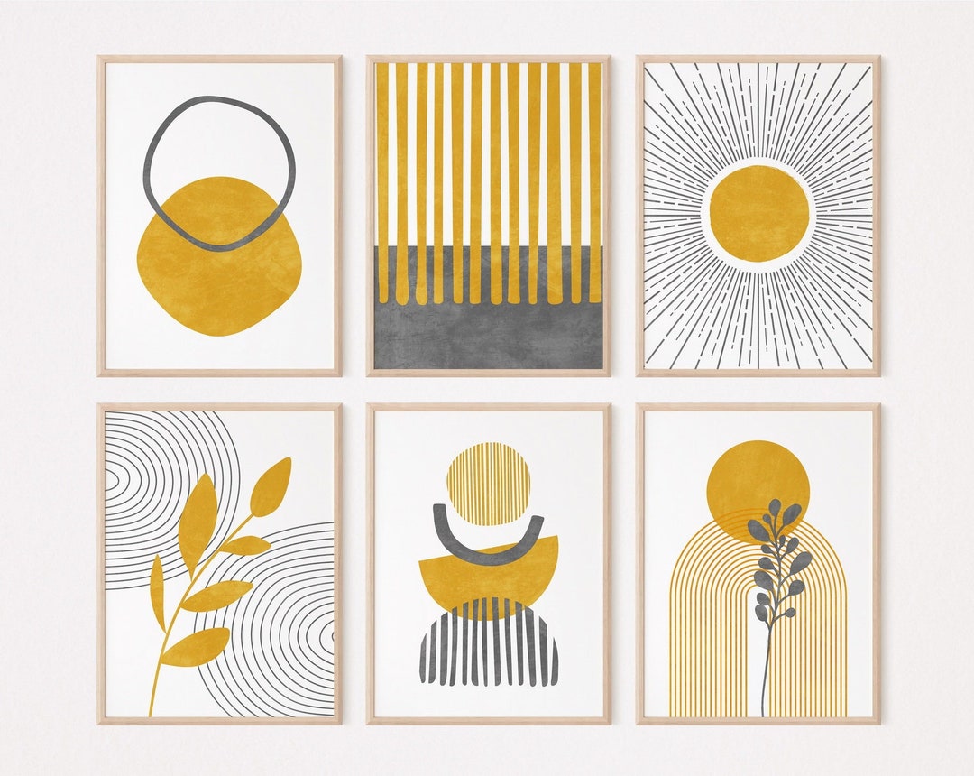 Mid Century Modern Gallery Wall Set of 6 Prints, Mustard Yellow Grey