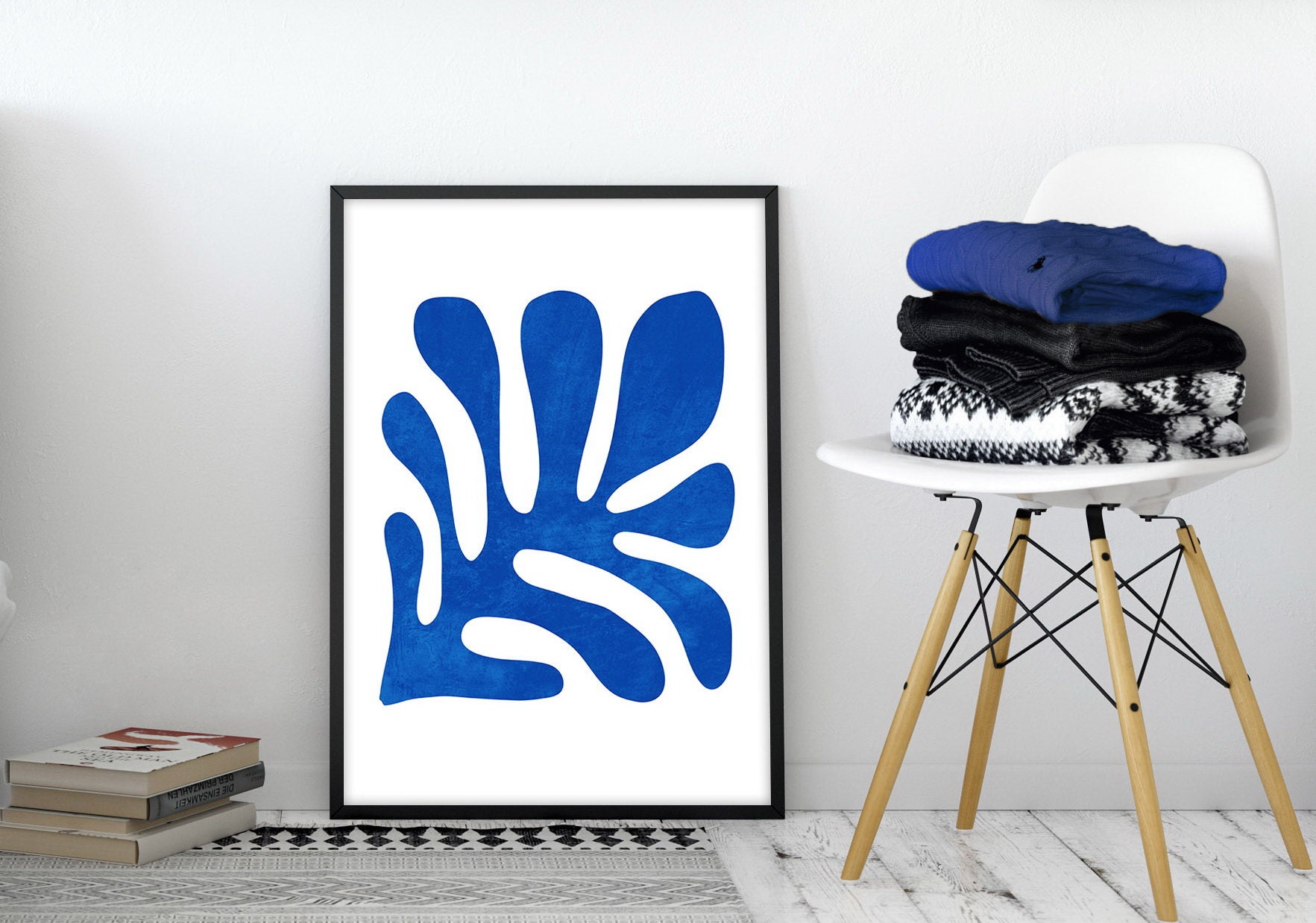 Mid Century Modern Wall Art Blue Abstract Floral Wall Art Etsy