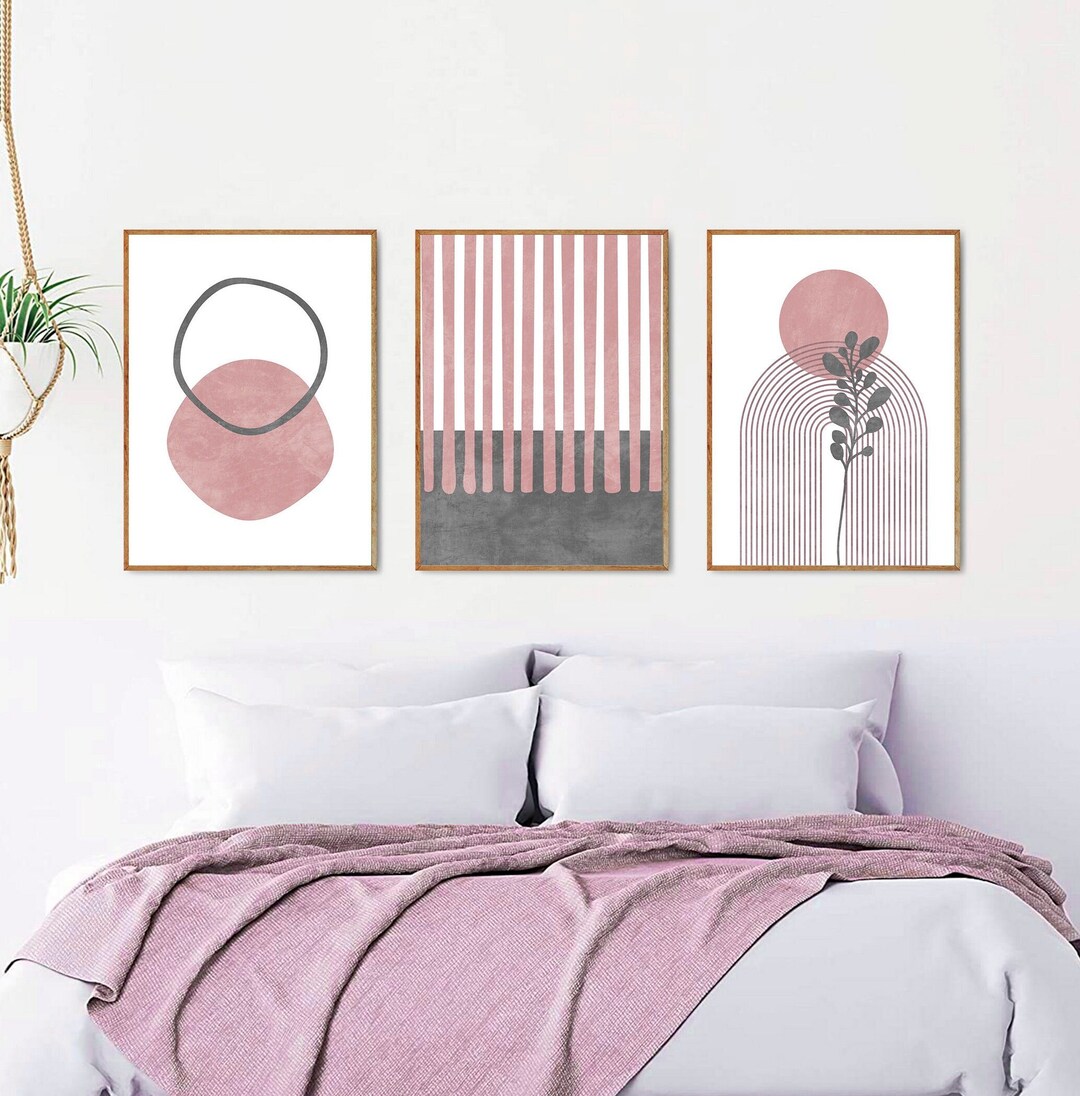 Mid Century Wall Art Set of 3 Prints, Blush Pink Wall Art, Grey ...