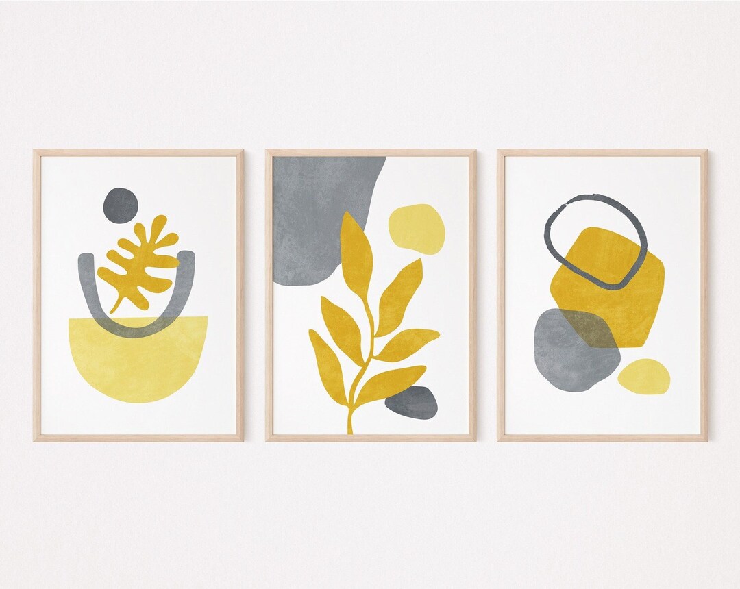 Mid Century Modern Art Set of 3 Prints, Grey and Mustard Yellow Wall ...