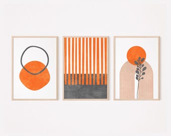 Orange Mid Century Modern Wall Art Set of 3 Prints, Abstract Lines, Arch And Leaves Print, Dopamine  Decor