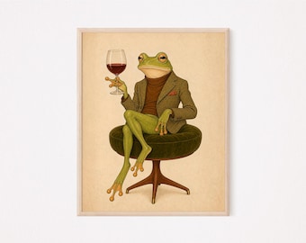 Frog Drinking Wine Poster, Funny Frog in Suit Print, Mid Century Animal Wall Art
