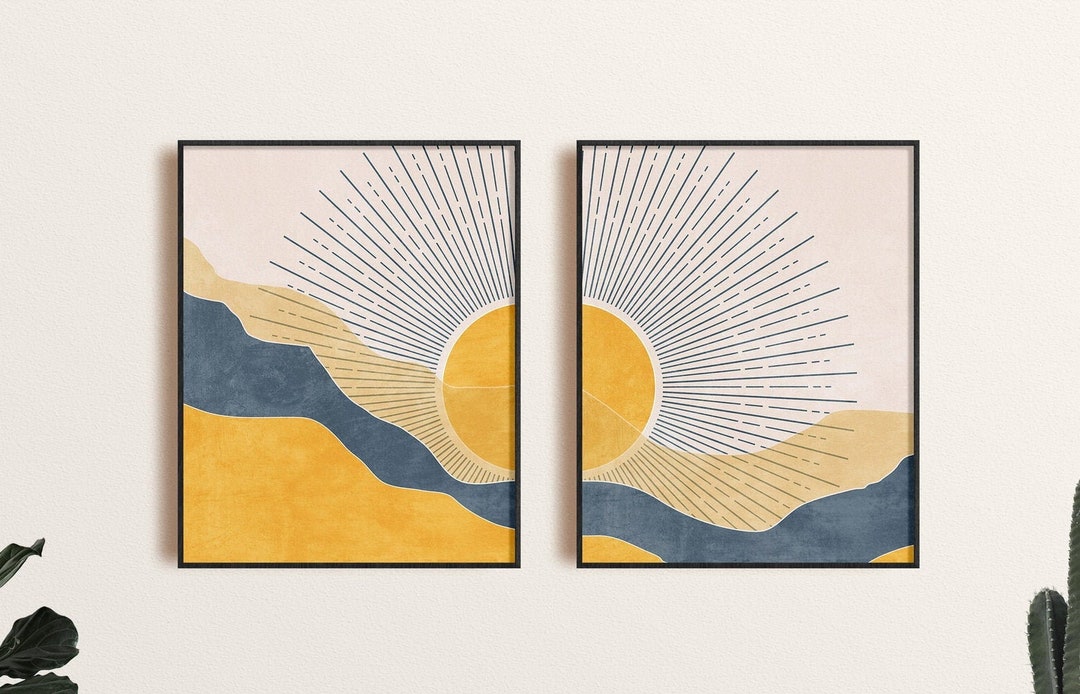 Yellow Sun Art Set of 2 Prints, Navy Blue and Mustard Yellow Wall Art ...