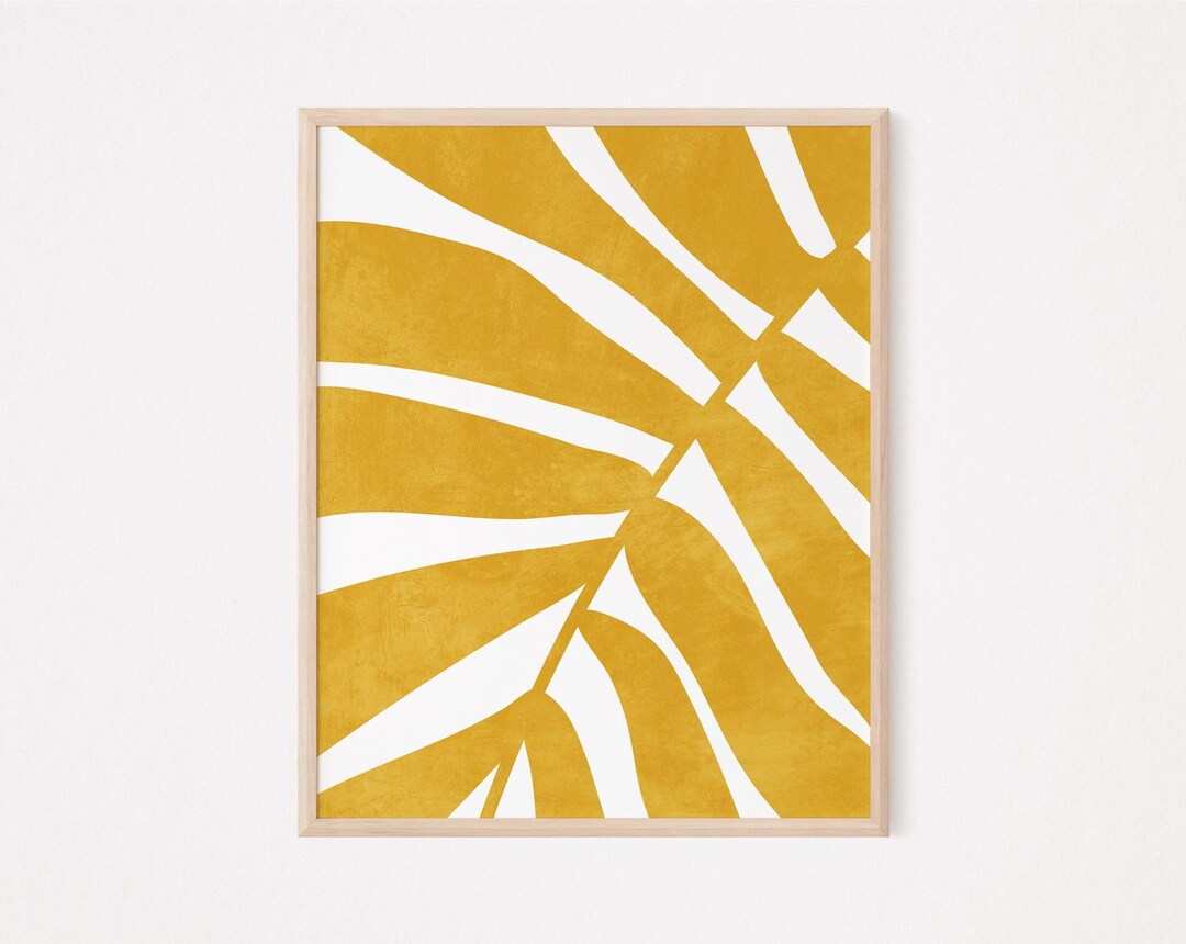 Abstract Yellow Wall Art, Boho Floral Mustard Wall Art, Leaf Minimalist ...