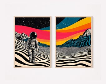 Peut inclure: Deux illustrations encadrées d'un astronaute marchant sur un paysage désertique rayé avec un coucher de soleil coloré en arrière-plan. L'astronaute porte une combinaison spatiale blanche avec un casque noir. Le coucher de soleil est un dégradé de rouge, orange, jaune et bleu.