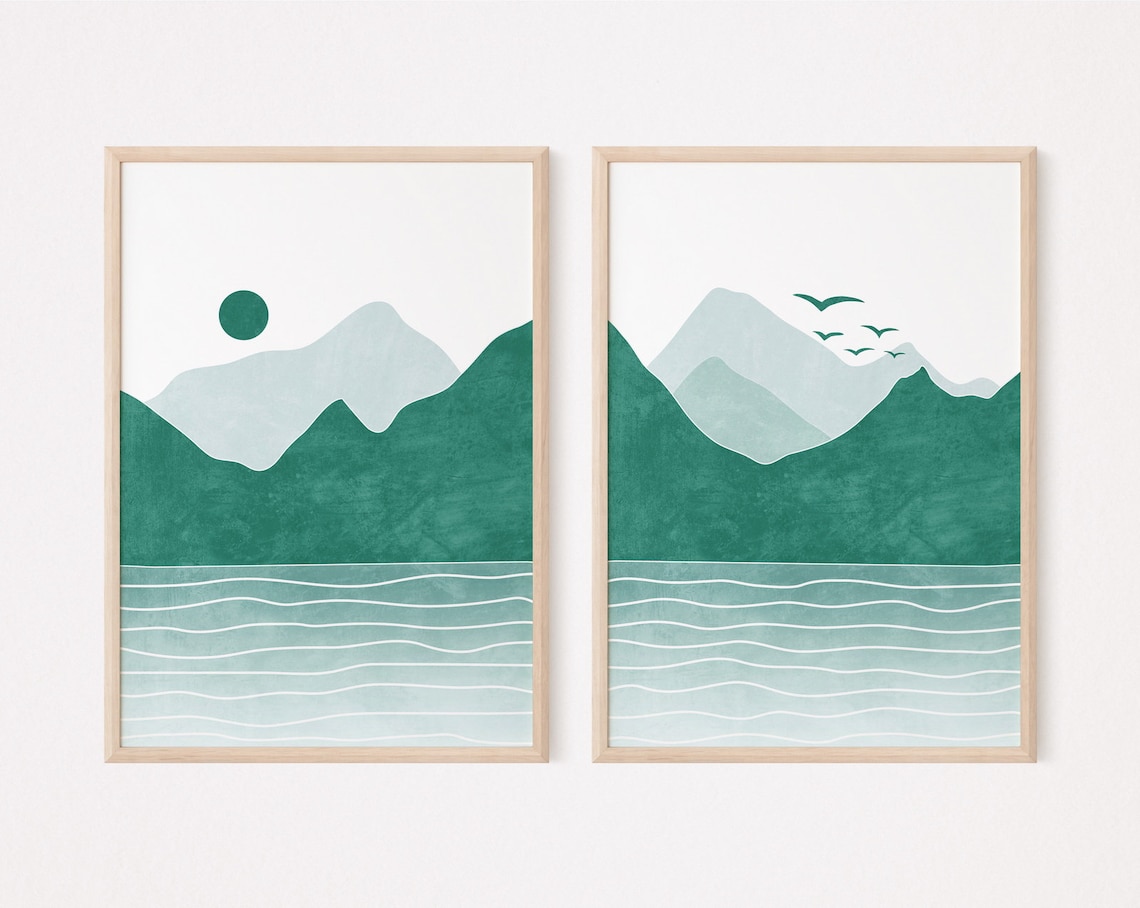 Emerald Green Wall Art Set of 2 Prints Mountain Wall Art Etsy