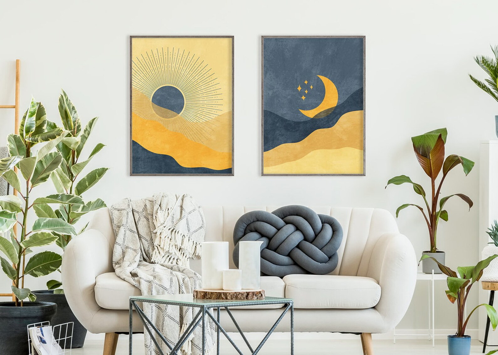 Boho Sun and Moon Wall Art Set of 2 Prints Navy Blue and - Etsy India