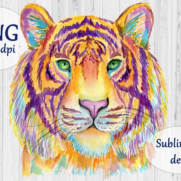 Tiger sublimation design PNG, Watercolor tiger download digital print, Colorful animal art, Sublimation prints,