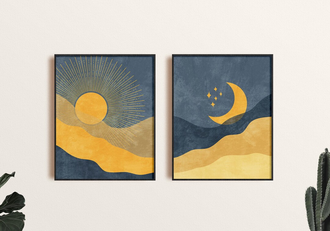 Sun and Moon Wall Art Set of 2 Prints, Navy Blue and Mustard Yellow ...