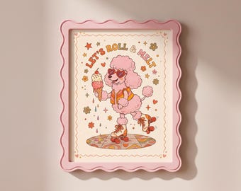 Groovy Pink Poodle Wall Art, Retro Roller Skating Dog Print for Dopamine Decor Teen Room, Printable Whimsical Animal Poster