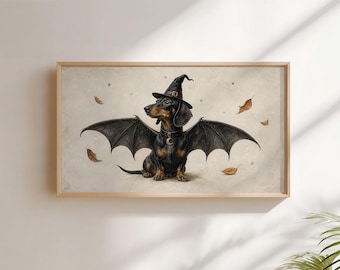 Halloween Dachshund Samsung Frame TV Art, Vintage Bat Dog Witch Print, Digital Screensaver