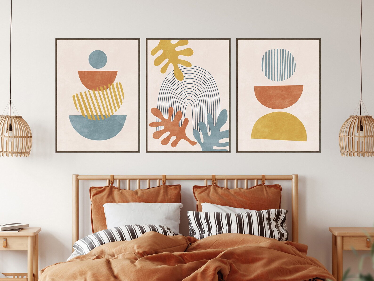 Mid Century Modern Wall Art Set of 3 Prints, Terracotta and Blue Wall ...