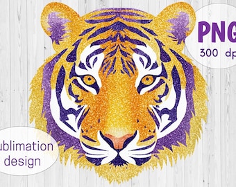 Tiger PNG Sublimation Design, Glitter Preppy Mascot, Golden Orange and Purple Tiger T-Shirt Design, Tiger Head Clipart, Digital Download