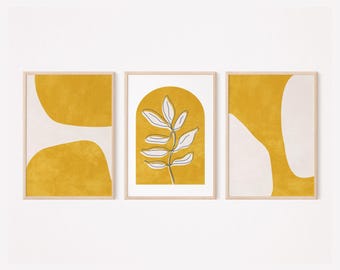 Mid Century Boho Wall Art Set of 3, Mustard Yellow Abstract Botanical Print, Abstract Shapes and Leaves in Arch, Printable