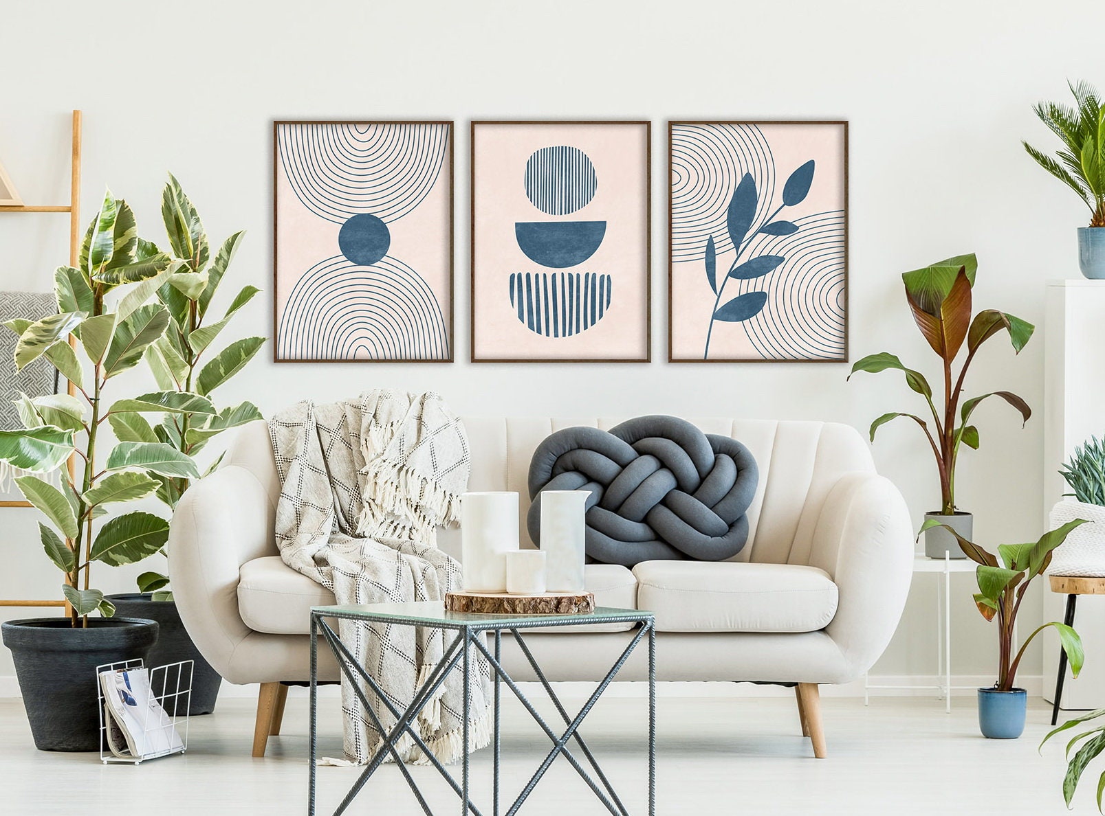 Mid Century Modern Wall Art Set of 3 Prints, Navy Blue 3 Piece Wall Art ...