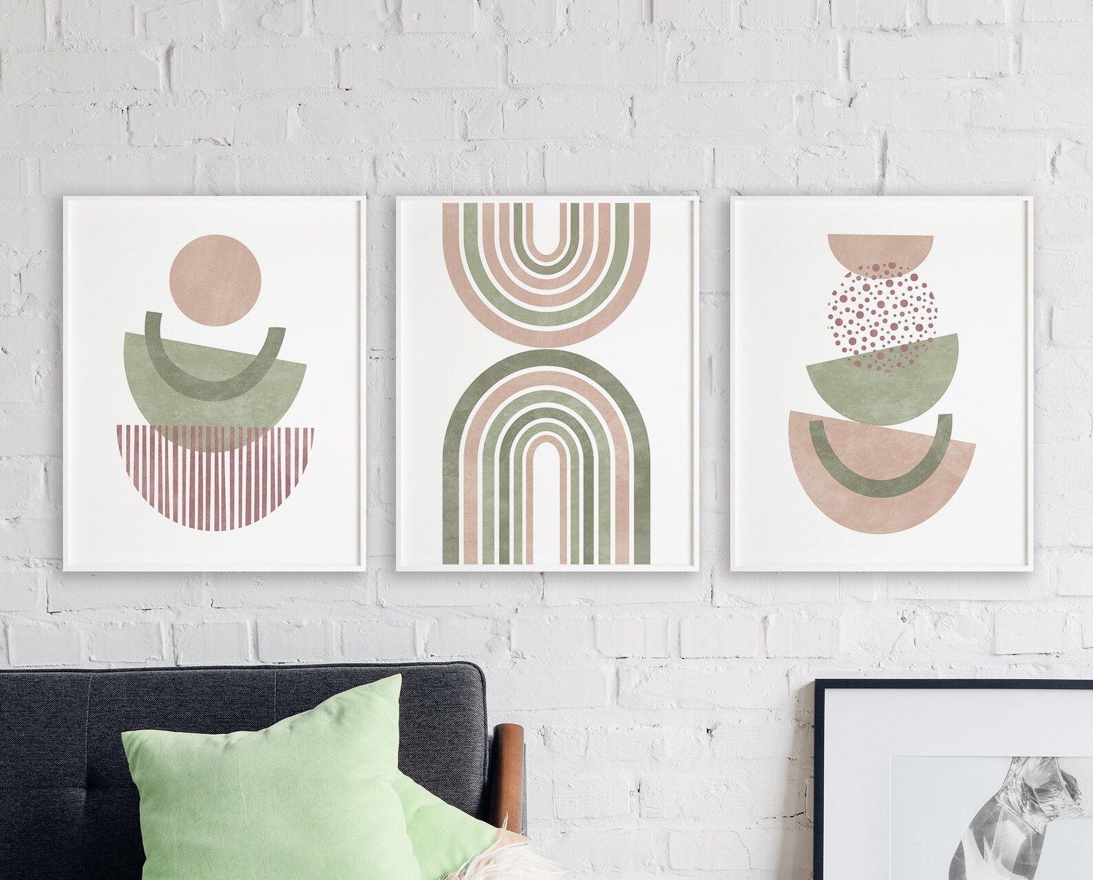 Mid Century wall art set of 3 prints Sage green and blush Etsy España
