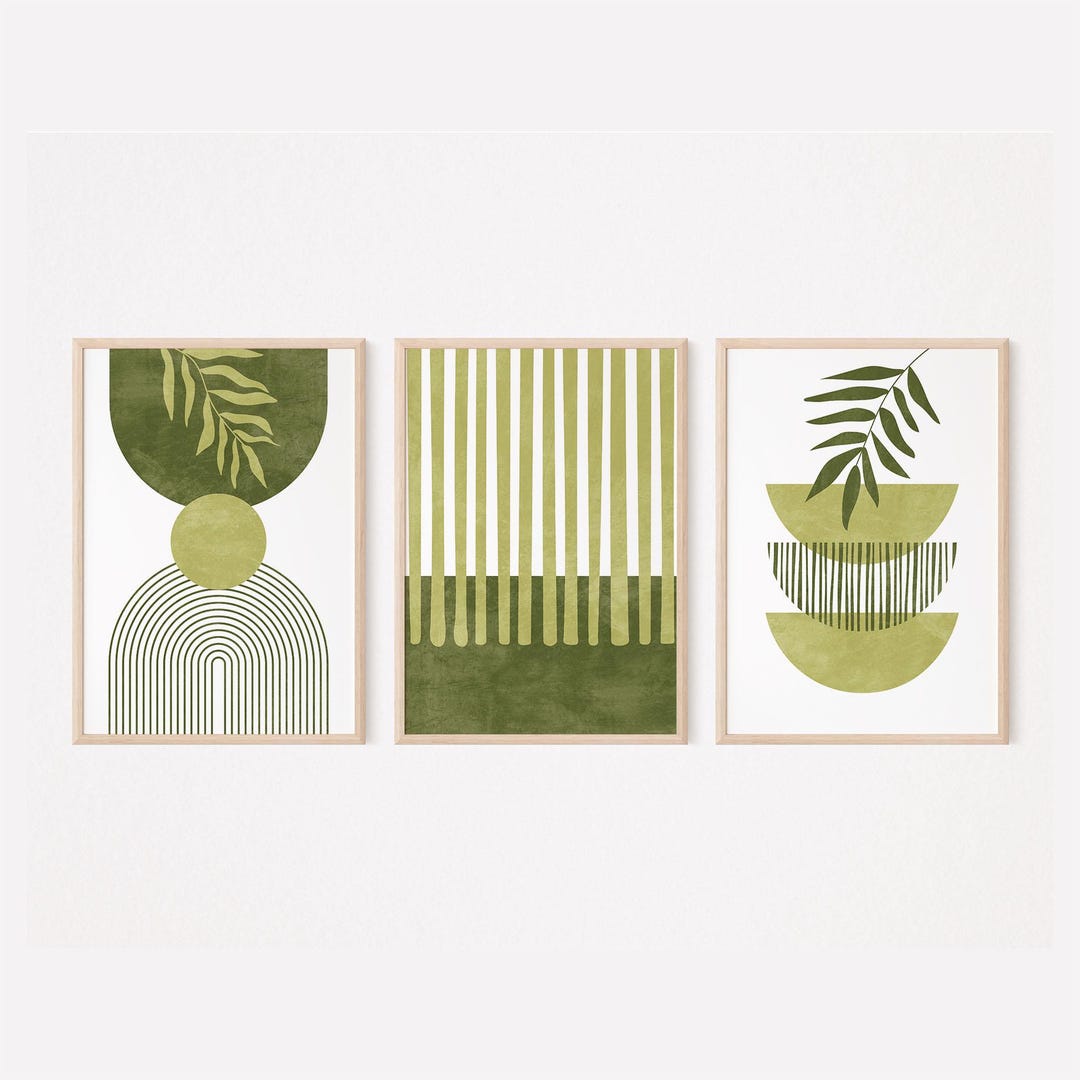 Olive Green Mid Century Modern Wall Art Set of 3 Prints, Lines Arch and ...