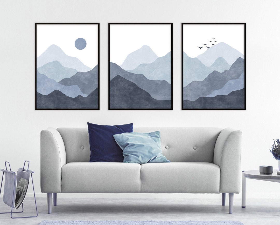 Blue Mountains Wall Art Set of 3 Prints, Navy Blue Abstract Landscape