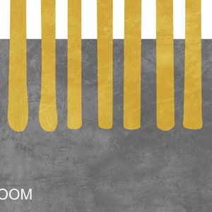 May include: Abstract art print with a gray background and a row of gold vertical stripes. The stripes are partially obscured by a white horizontal stripe at the top of the image. The word "ZOOM" is printed in white at the bottom of the image.