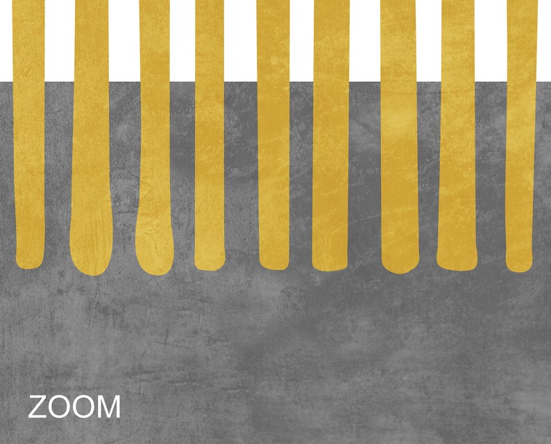 May include: Abstract art print with a gray background and a row of gold vertical stripes. The stripes are partially obscured by a white horizontal stripe at the top of the image. The word "ZOOM" is printed in white at the bottom of the image.