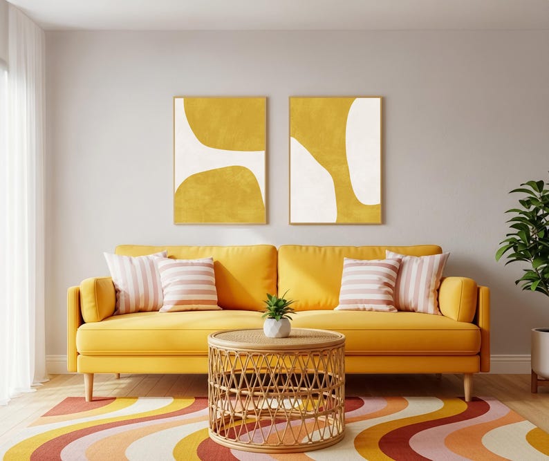 Mustard Yellow Abstract Wall Art Set of 2, Mid Century Modern Printable ...