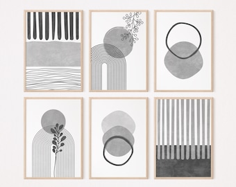 May include: Set of six minimalist black and white abstract art prints with geometric shapes, lines, and organic elements. The prints are framed in a light wood frame.