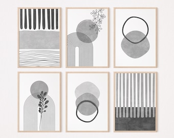 Gallery wall art set of 6 prints, Mid century modern wall art, Grey abstract geometric wall art, Black and white Neutral decor printable