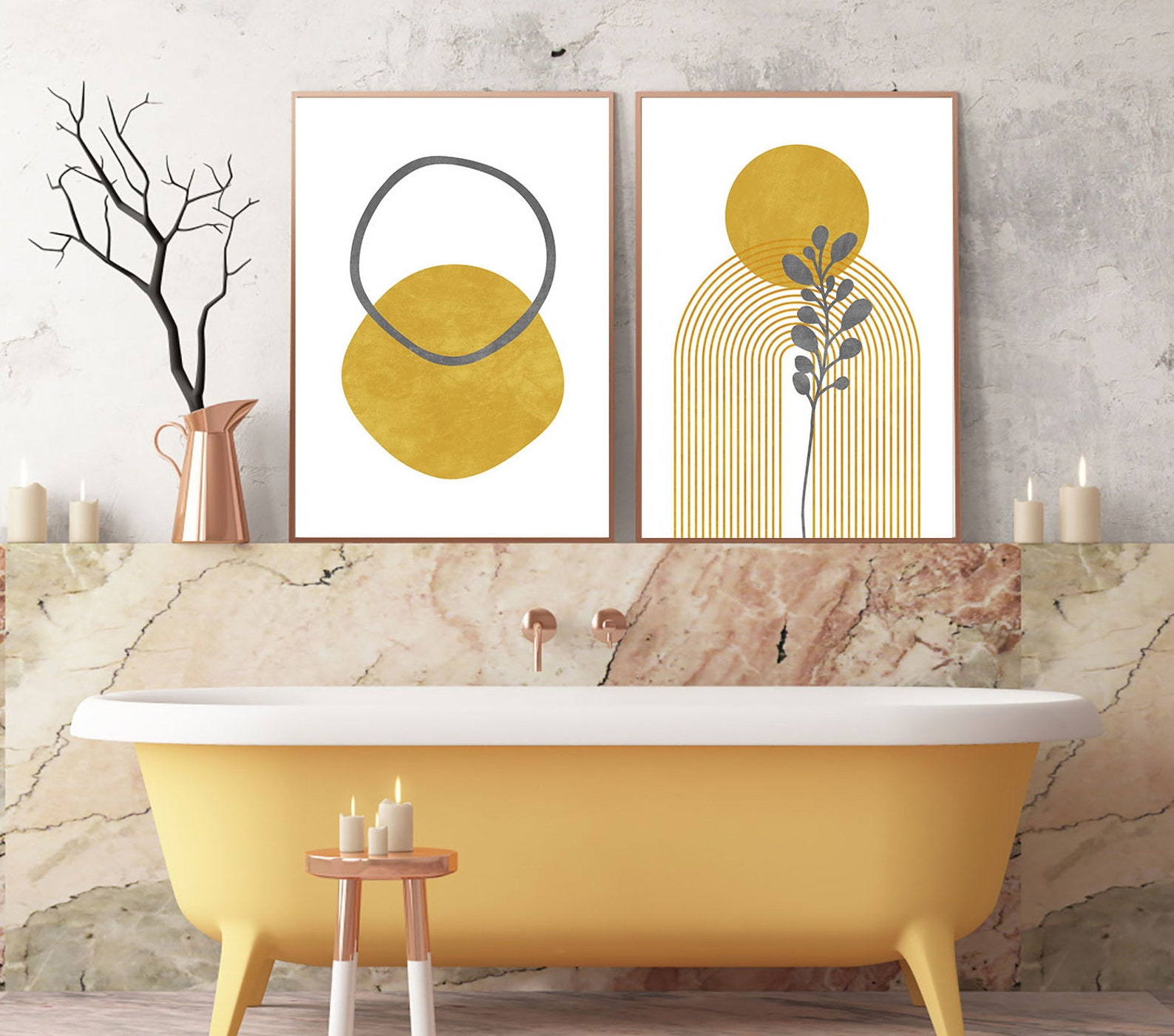 Mustard Yellow Art Set of 2 Prints Mid Century Modern Art Etsy UK