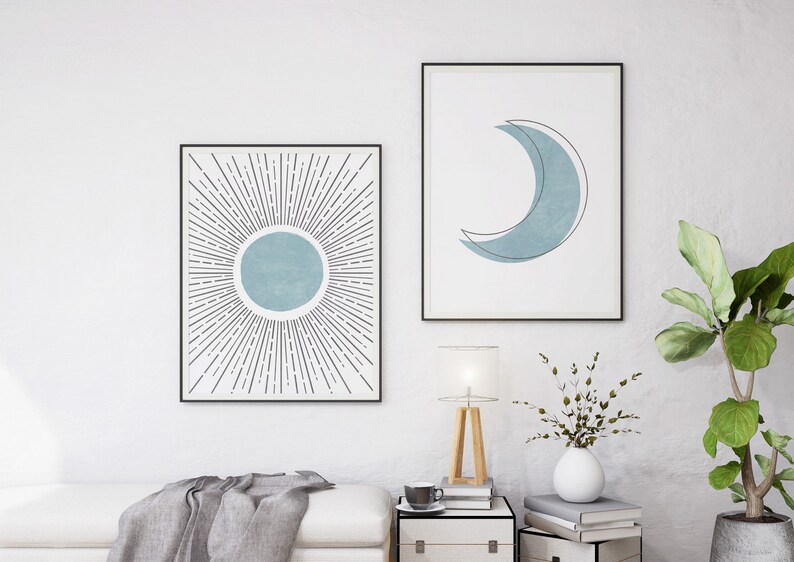 Boho Sun and Moon Wall Art Set of 2 Prints Light Blue Wall Etsy