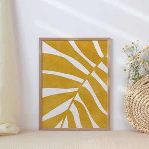 Abstract Yellow Wall Art, Boho Floral Mustard Wall Art, Leaf Minimalist ...