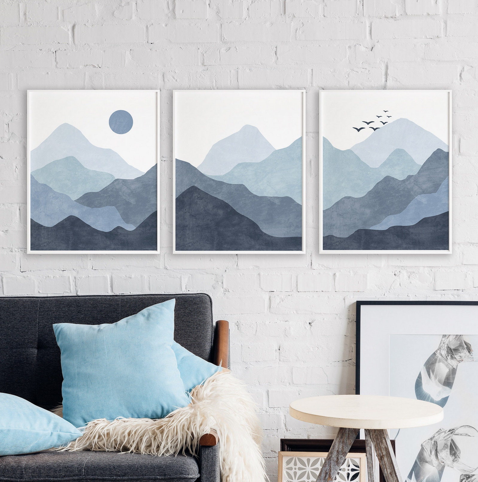 Blue mountains wall art set of 3 prints Navy blue abstract | Etsy