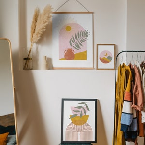 Boho Wall Art Set of 3 Prints, Sun and Moon Wall Art, Blush Pink Yellow ...