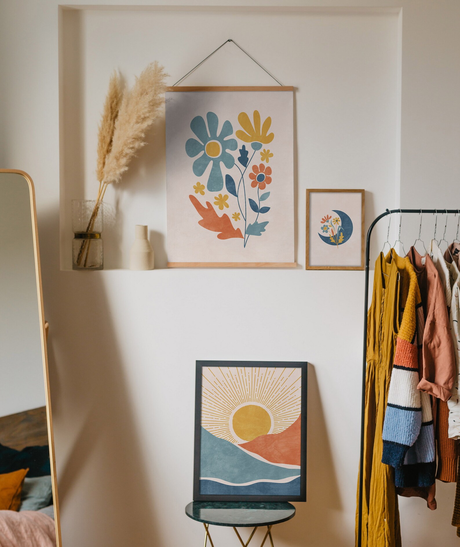 Modern Boho Wall Art Set of 3 Prints, Sun and Moon Wall Art, Terracotta ...