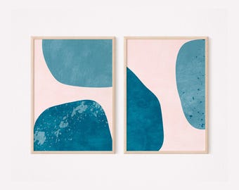 Patina Blue Abstract Art Print Set of 2, Blush Pink And Dusty Modern Boho Wall Decor, Digital Download