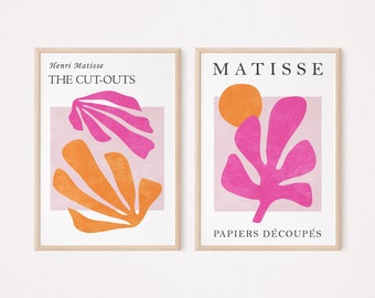 Orange and pink wall art set of 2, Matisse print, Floral trendy wall art, Matisse cut outs, Hot pink modern exhibition poster Printable