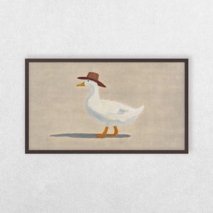May include: A white duck wearing a brown cowboy hat, painted in a realistic style on a beige background.