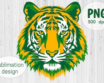 Tiger Mascot PNG Sublimation Design, Green Gold Tiger Head Clipart for School Spirit Shirts
