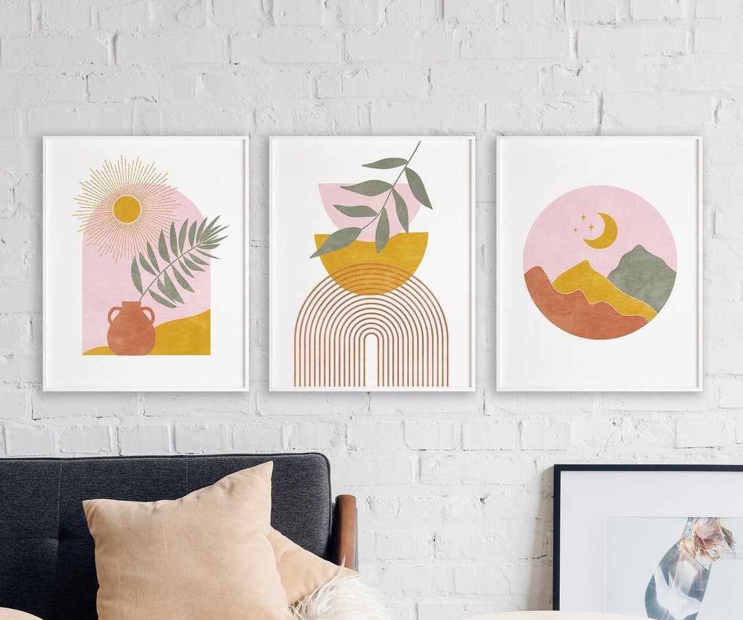Boho Wall Art Set of 3 Prints, Sun and Moon Wall Art, Blush Pink Yellow ...