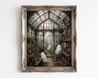 Cozy Ghost Gardener Botanical Print, Whimsical Cottagecore Greenhouse Wall Art, Printable Halloween Decor