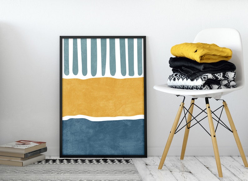 Mid Century Wall Art Yellow and Blue Print Colorful Wall Etsy