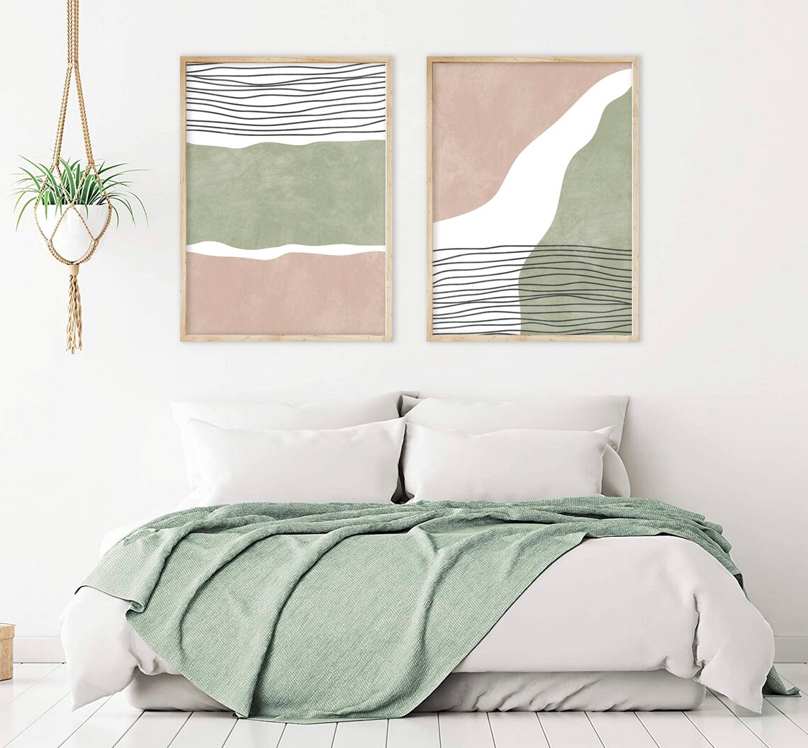 Sage Green and Blush Pink Wall Art Set of 2 Prints Mid Etsy