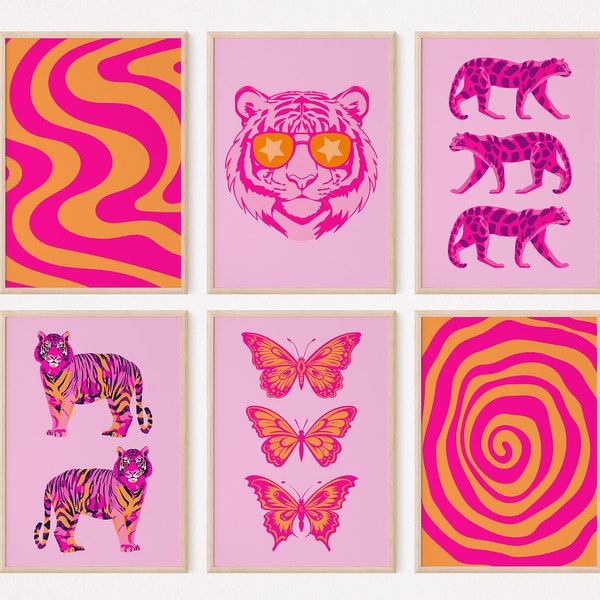 Preppy gallery wall set of 6 prints, Tiger poster, Orange and pink preppy wall art, Abstract lines, Butterfly wall art, Trendy printable
