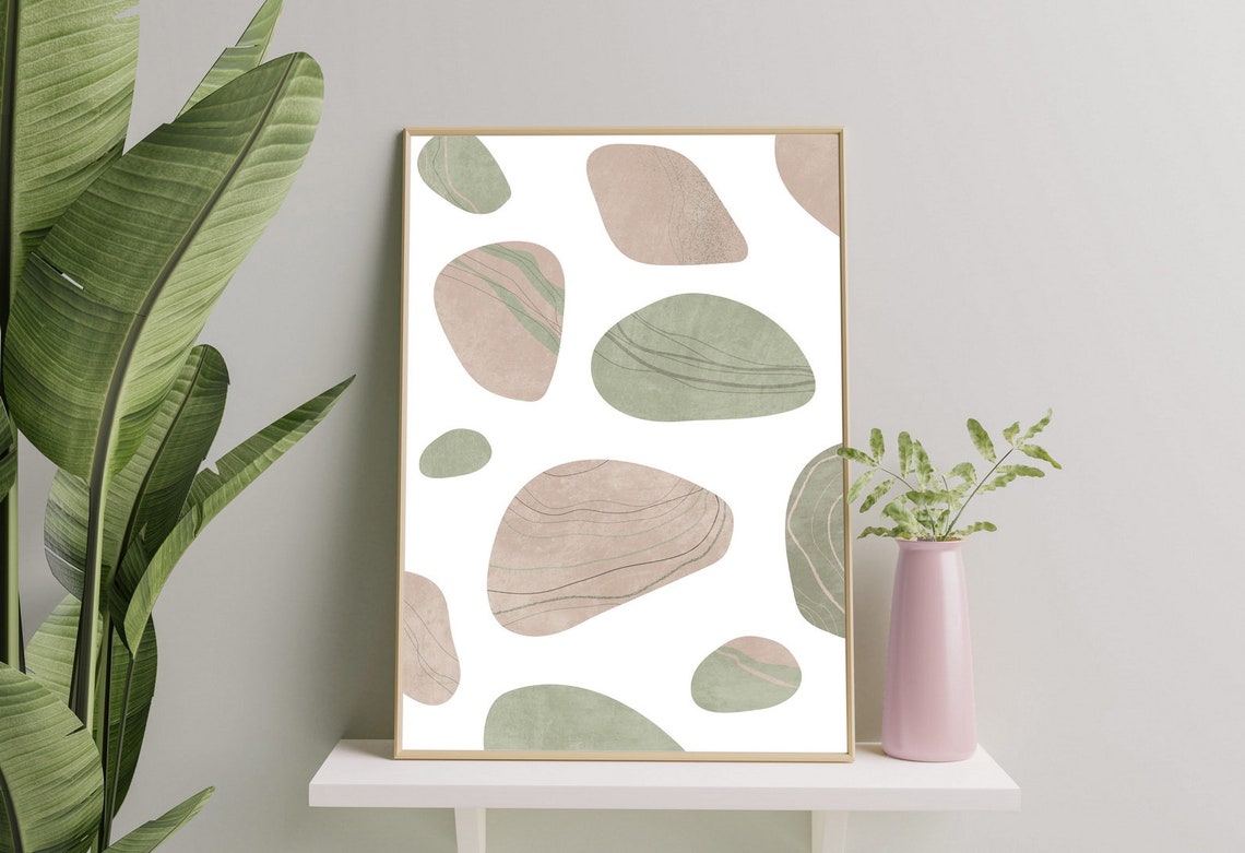 Mid Century wall art set of 3 prints Sage green and blush Etsy