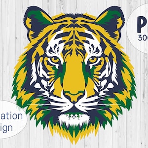 Tiger PNG sublimation design, Green, yellow and navy blue mascot art, Tiger head clipart, Png file for sublimation