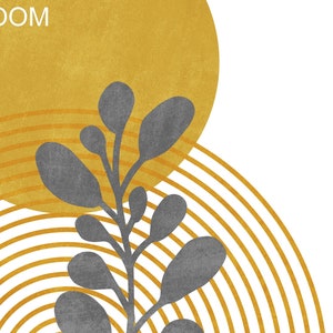 May include: Abstract art print with a gray stylized plant branch in the center. The background features a large yellow circle and concentric yellow circles.