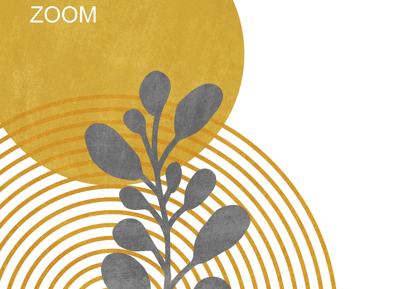 May include: Abstract art print with a gray stylized plant branch in the center. The background features a large yellow circle and concentric yellow circles.