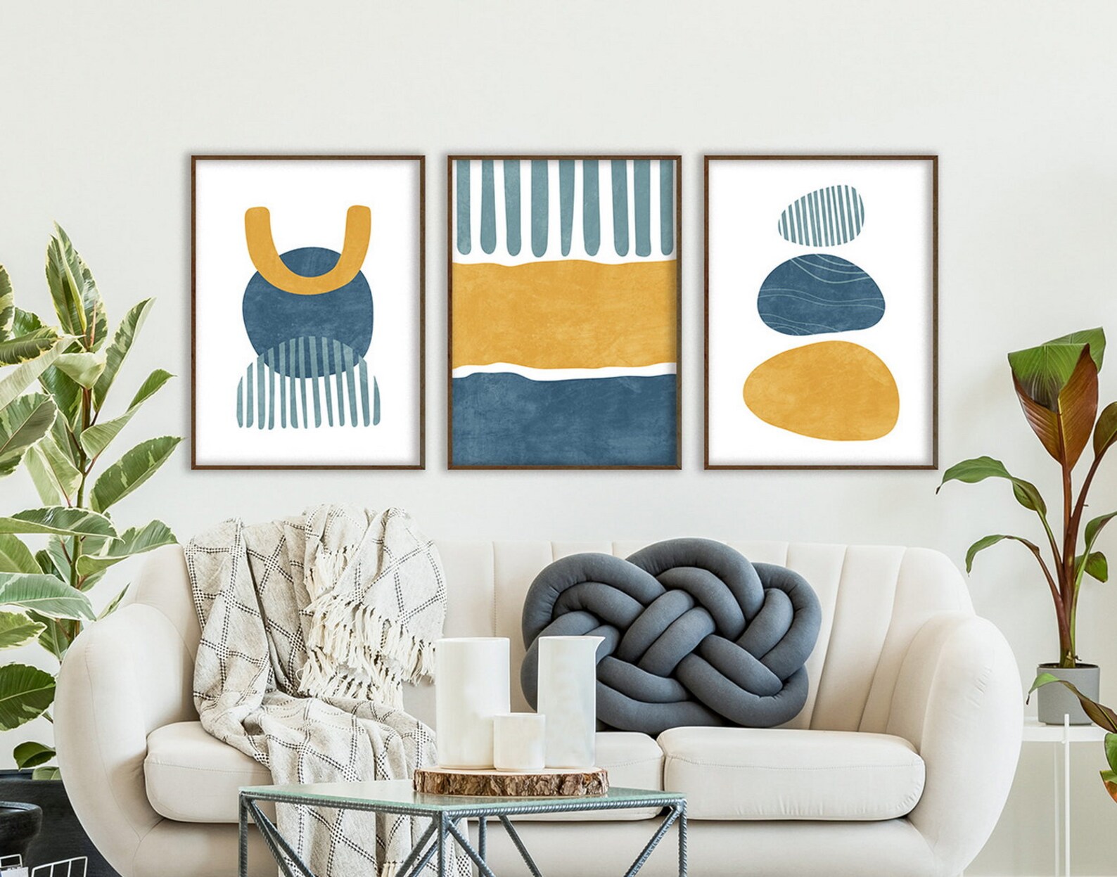 Mid Century Wall Art Set of 3 Prints Navy Blue and Mustard - Etsy
